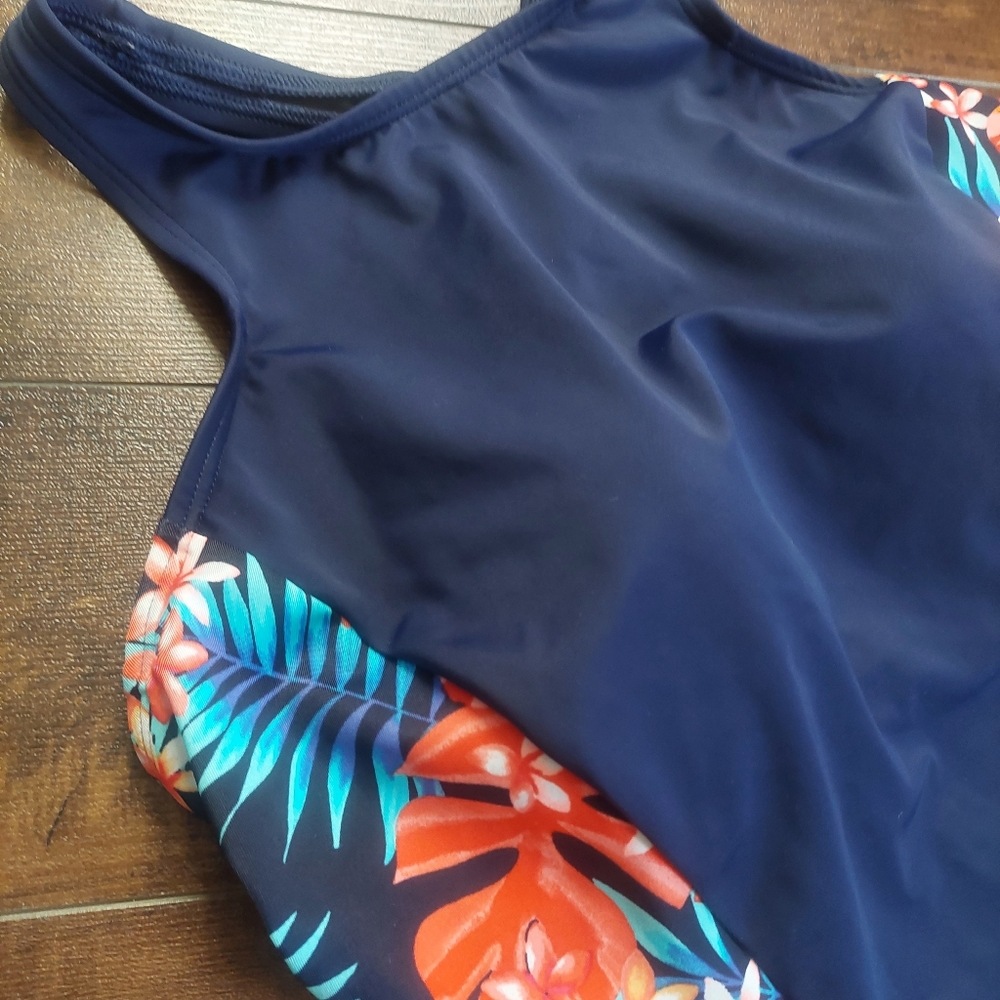 Lands' End Racerback Tankini Top Navy Orange Tropical Floral Size 6D - Picture 4 of 8